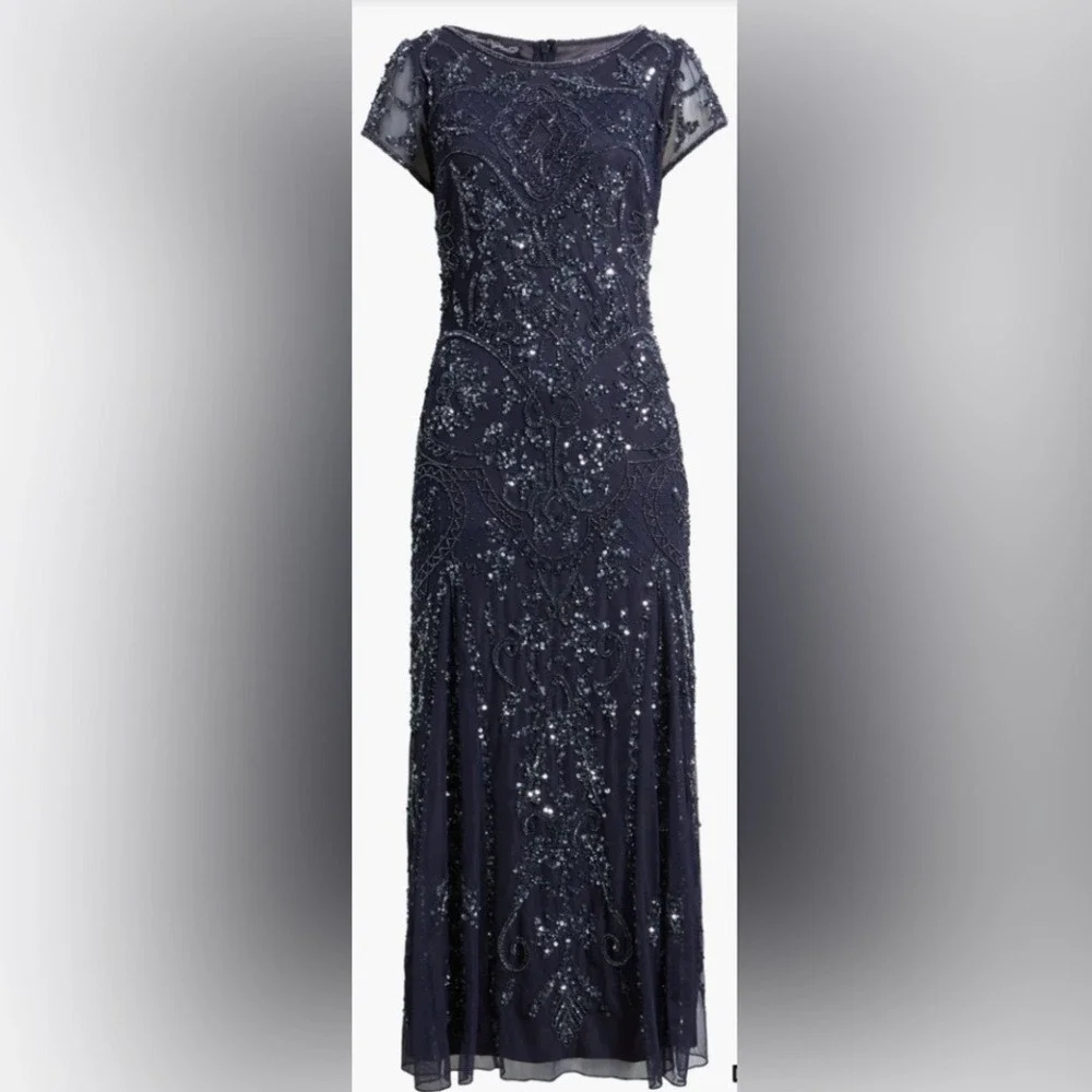 Pisarro Nights Women's Beaded Mesh Midi Cocktail Dress - Blue - Maxi dresses Pisarro Nights Women's Beaded Mesh Midi Cocktail Dress - Blue - Maxi dresses